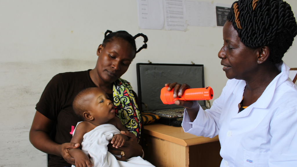 a health worker uses a torch to see a child's eyes 