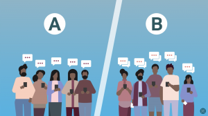 A cartoon of two groups of people standing, one is labelled A and the other B