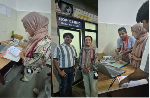 Three photos from Nepal: two of people checking work at a desk, one of two people standing outside the ROP clinic