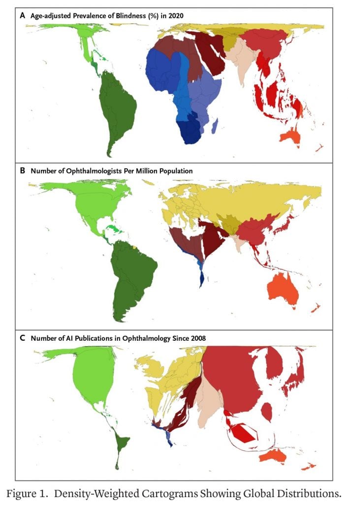 Cartograms showing density-weighted global distributions of prevalence of blindness, ophthalmologists, number of AI publications since 2008